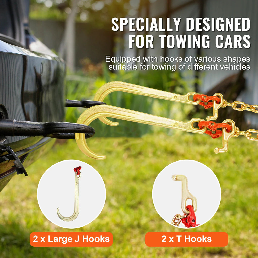 Car towing chain setup with detailed insets of J-hooks and T-hooks
