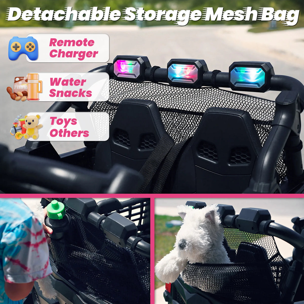 Pink 2-seater UTV toy car showing storage mesh bag and accessories