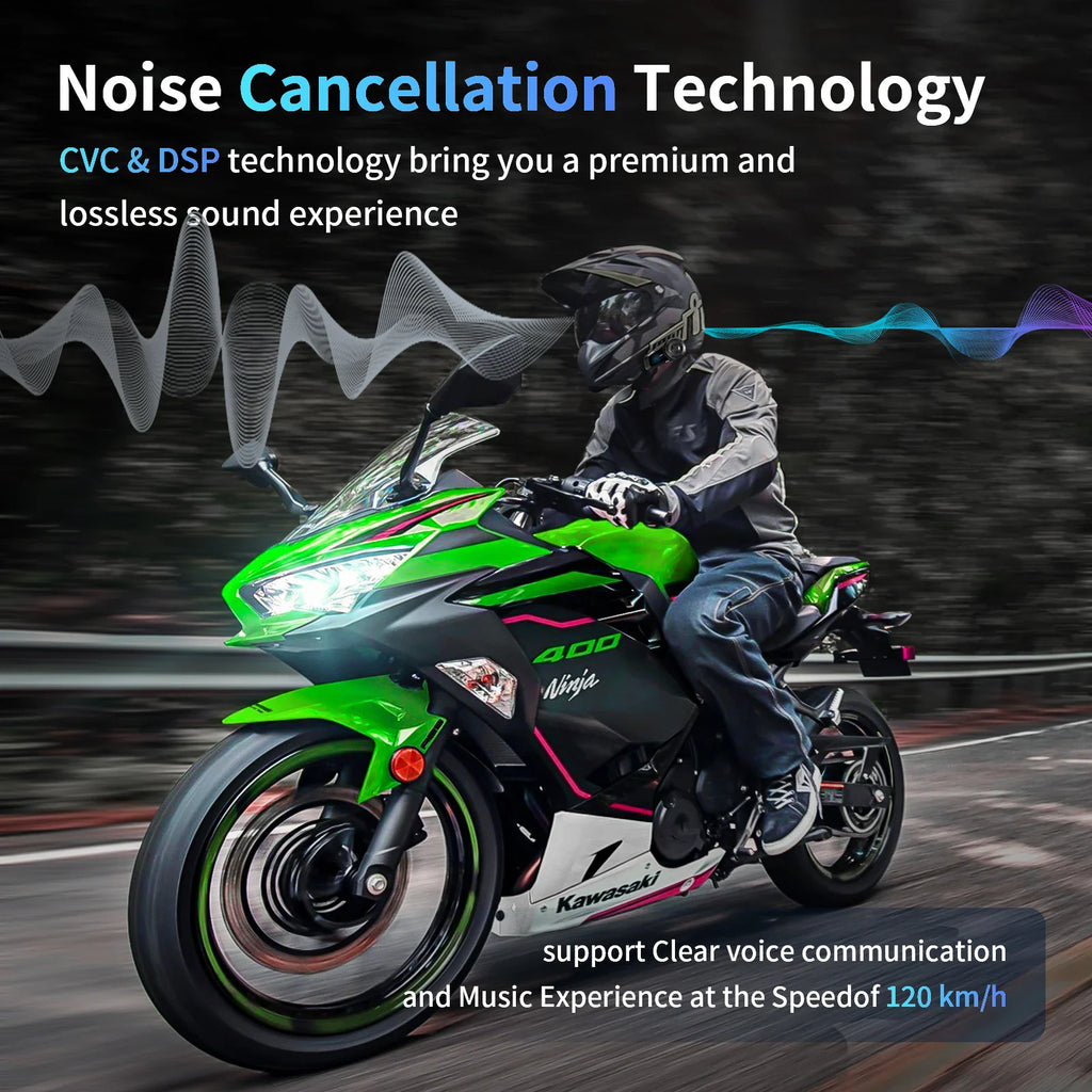 A motorcyclist riding a sportbike with noise cancellation features highlighted