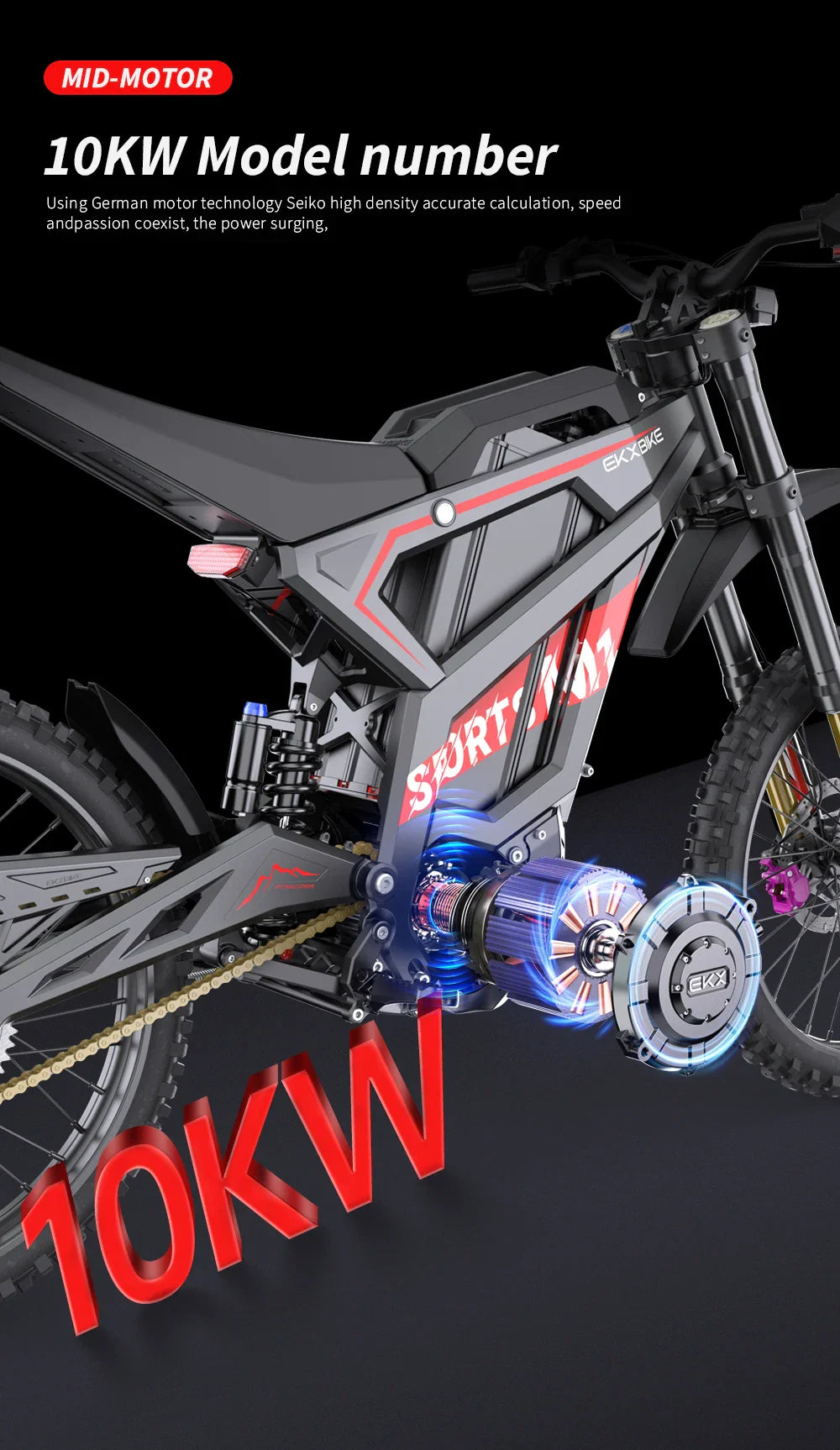 Electric dirt bike mid-drive motor illustration with technical specifications