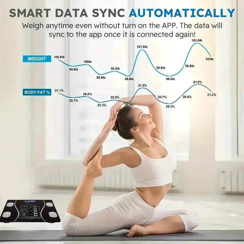 Smart body fat scale showing weight tracking data with a woman doing yoga in the background