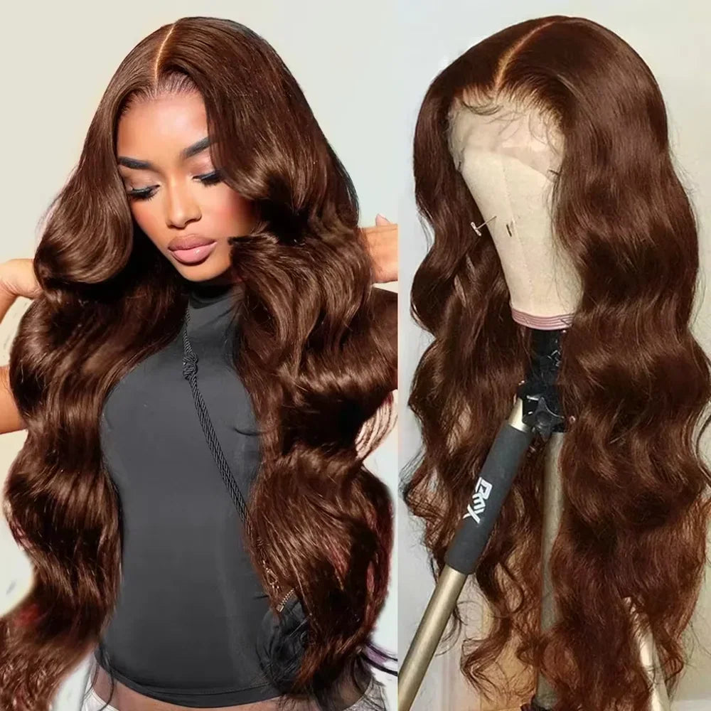 Chocolate brown body wave human hair lace front wig on a model and a mannequin head