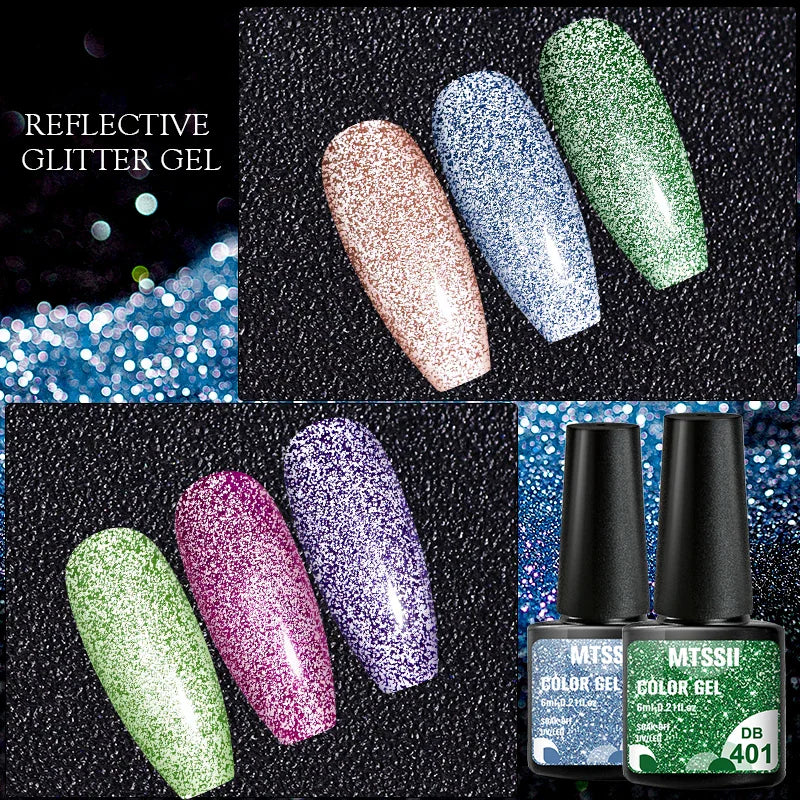 Multiple bottles and swatches of reflective glitter gel nail polish in various colors.