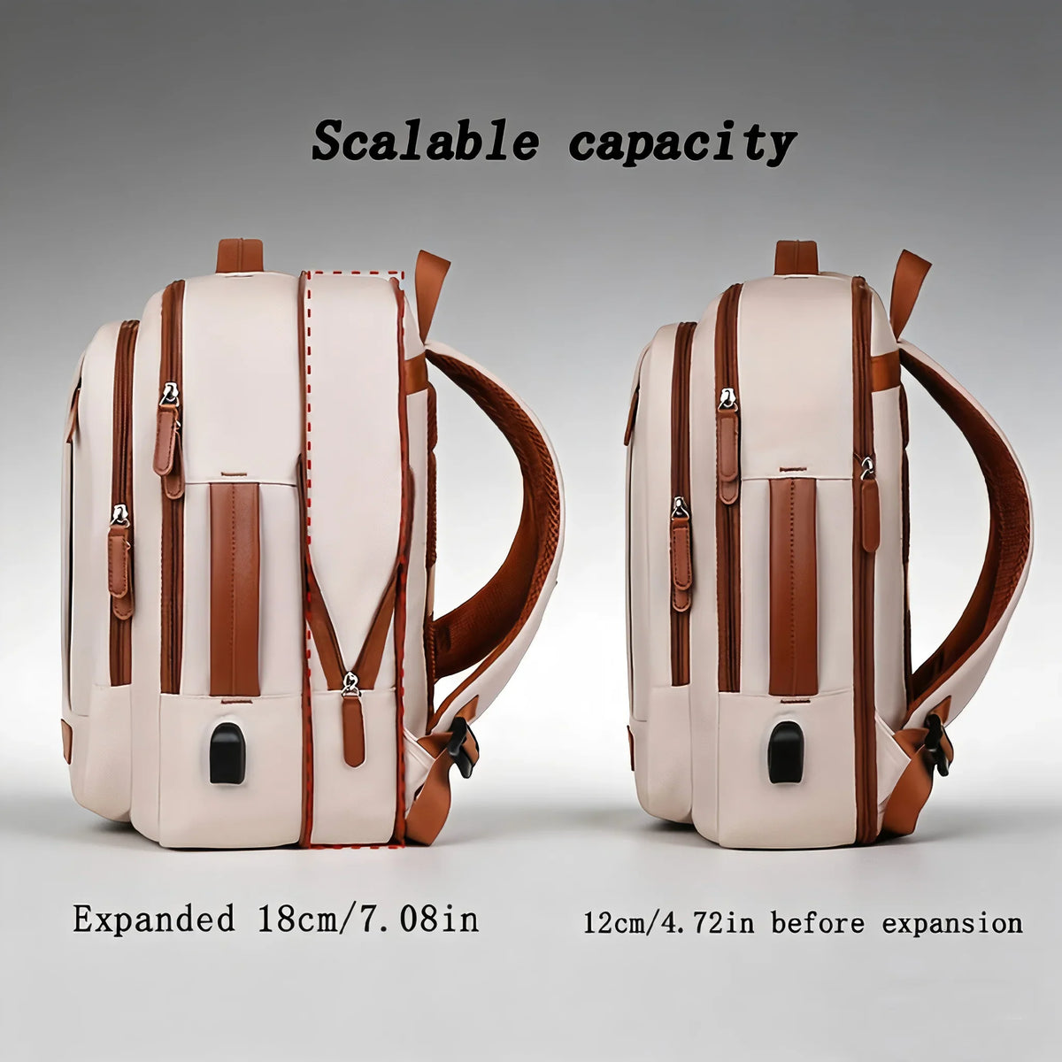 Side view of an expandable beige laptop backpack comparing expanded and unexpanded dimensions.