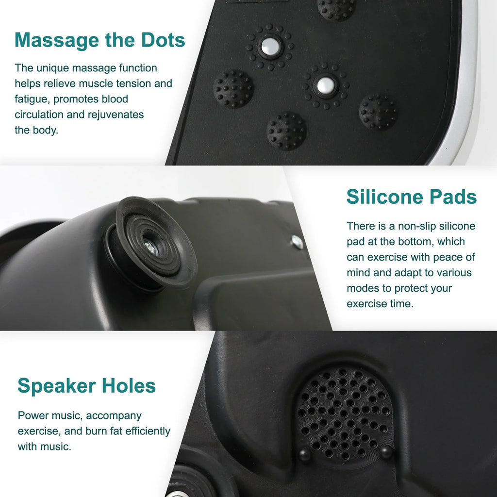 Close-up features of a vibration plate exercise machine, showing massage dots, non-slip silicone pads, and speaker holes