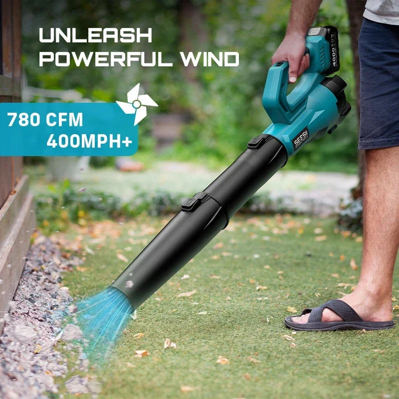 Person demonstrating the power of a cordless leaf blower on a path covered in leaves.