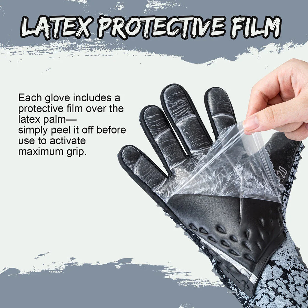 Hand peeling protective film off a black goalkeeper glove palm