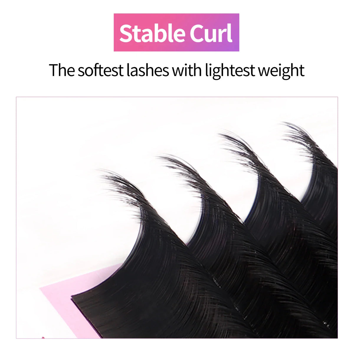 Close up of soft, lightweight black eyelash extensions with stable curl