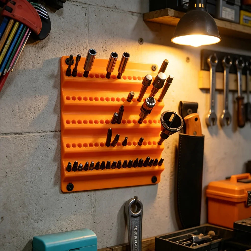 Orange wall-mounted organizer rack loaded with assorted screwdriver bits on a concrete workshop wall.