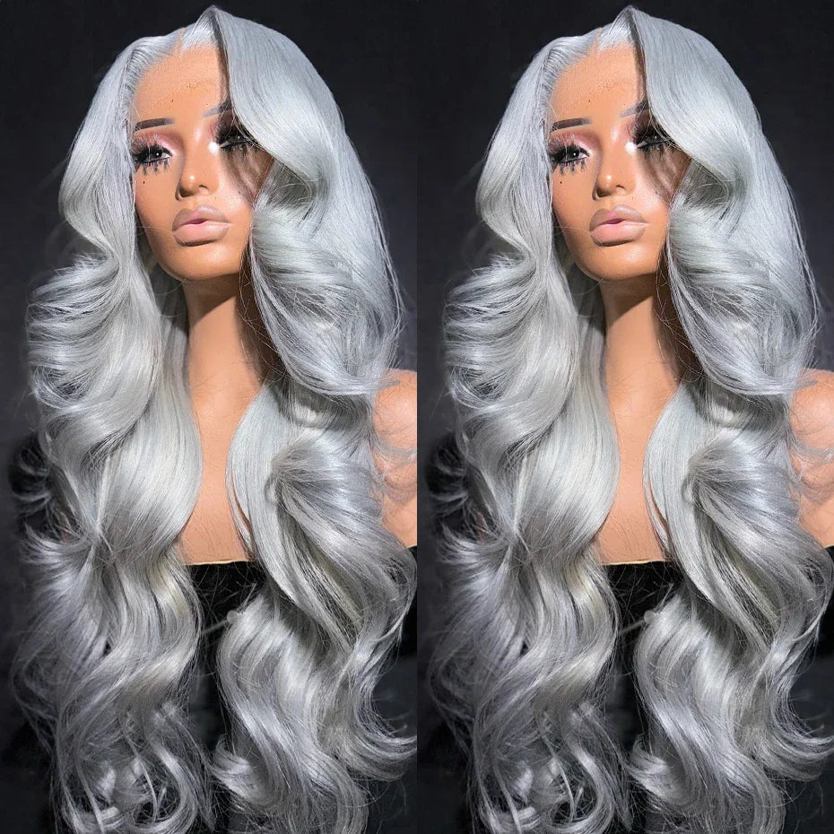 A long silver grey body wave lace front human hair wig by Lalabobo with a transparent lace base. – Grey Body Wave Wig