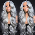 A long silver grey body wave lace front human hair wig by Lalabobo with a transparent lace base. – Grey Body Wave Wig
