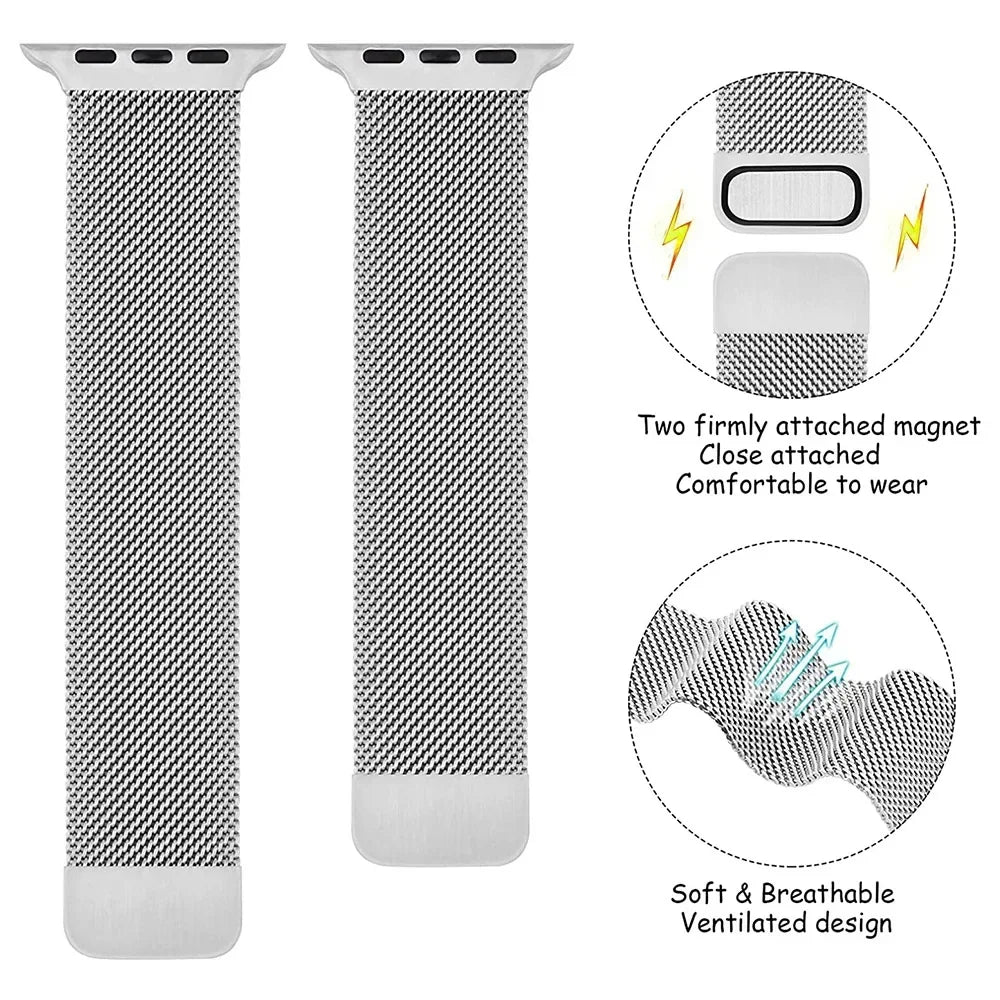 Silver metal mesh watch band details showing magnetic closure and breathable texture