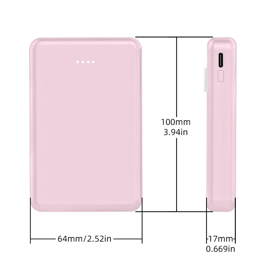 Dimensions of a pink portable power bank.