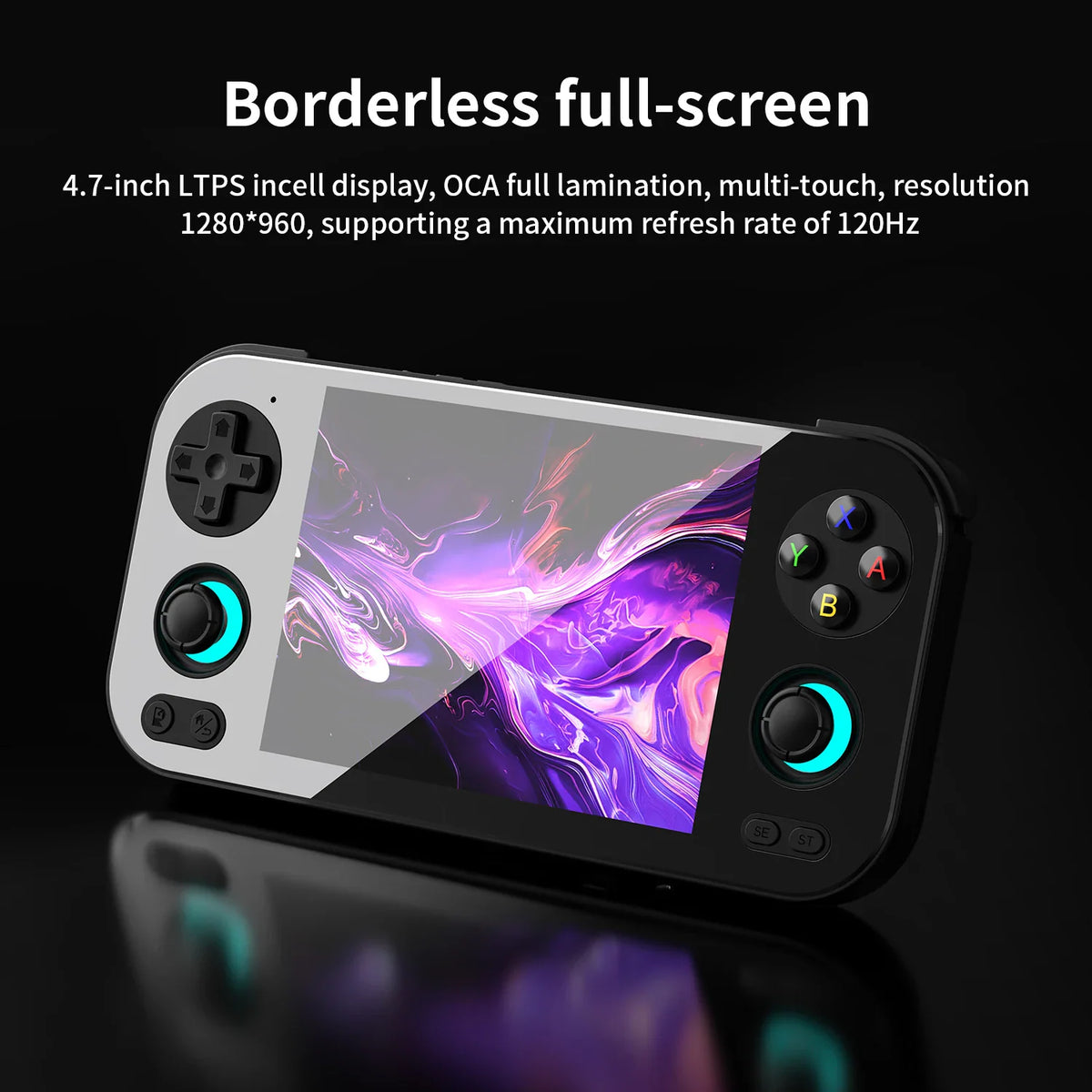 A white handheld gaming device with a glossy screen displaying a colorful abstract graphic.