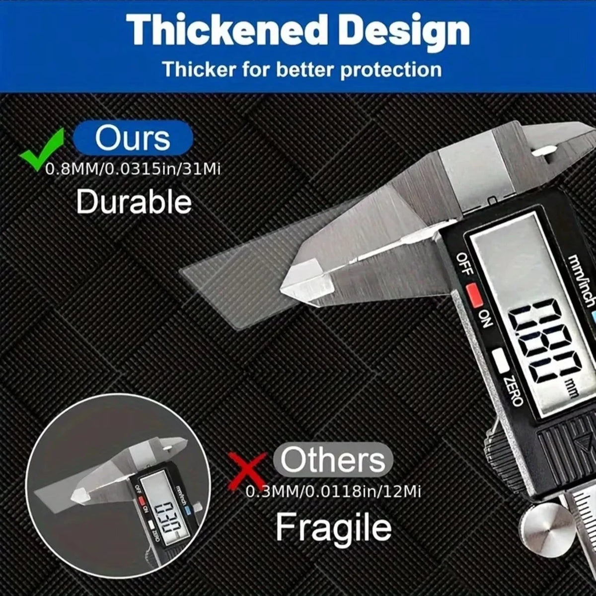 Comparison between two card sleeves measuring their thickness with a caliper