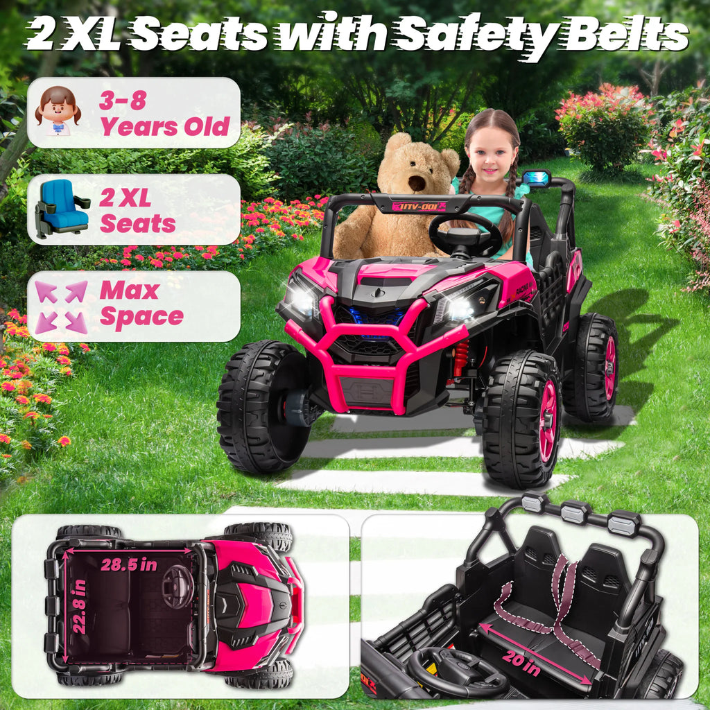 Pink 2-seater UTV toy car with seat details and interior dimensions