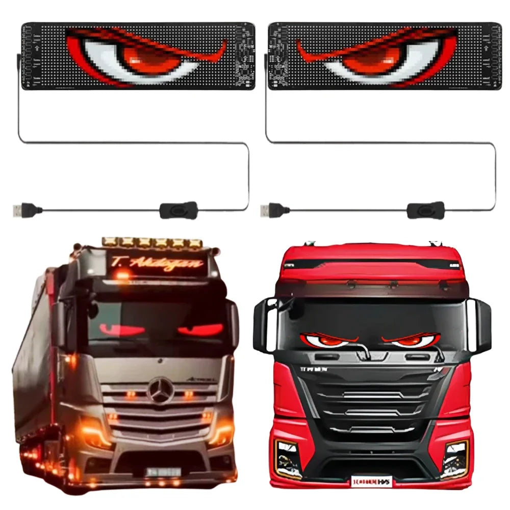 Set of two flexible LED screens showing angry red eyes for truck windshields