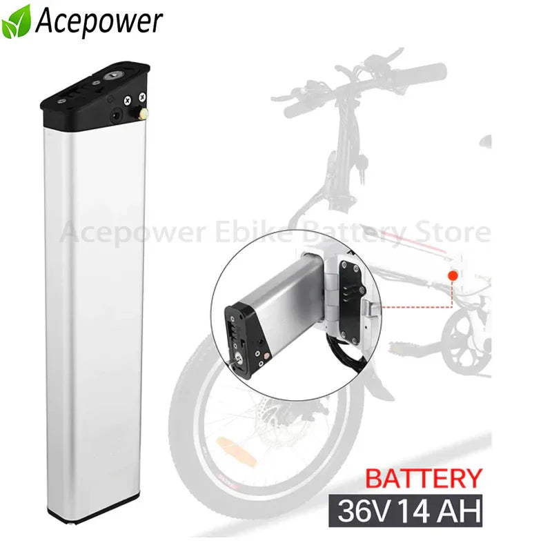 DCH014 silver e-bike battery with charging port and discharge pins, shown on a bicycle frame.