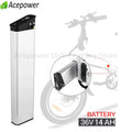 DCH014 silver e-bike battery with charging port and discharge pins, shown on a bicycle frame.