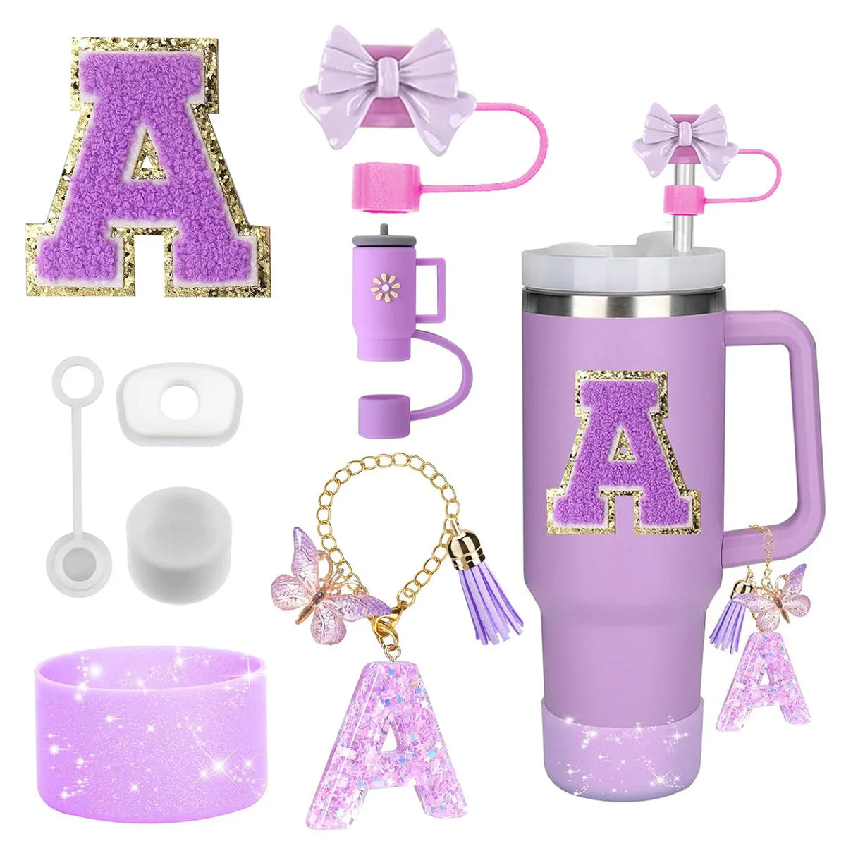 Purple tumbler accessories set including initial A patch, straw cover, charms, and silicone boot.