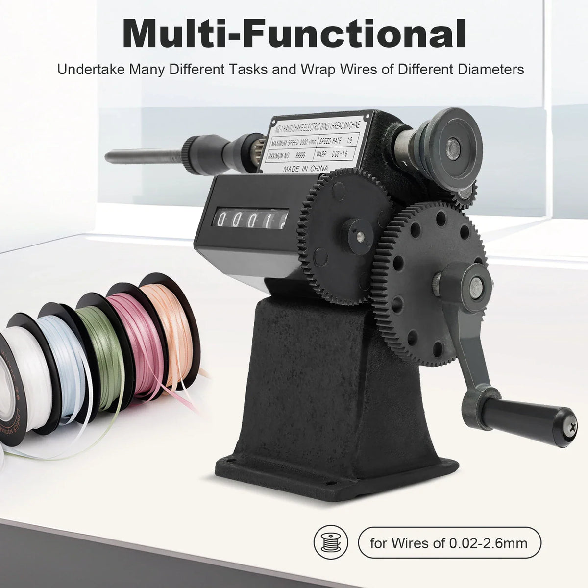 Black hand crank coil winding machine for wire spools of various diameters
