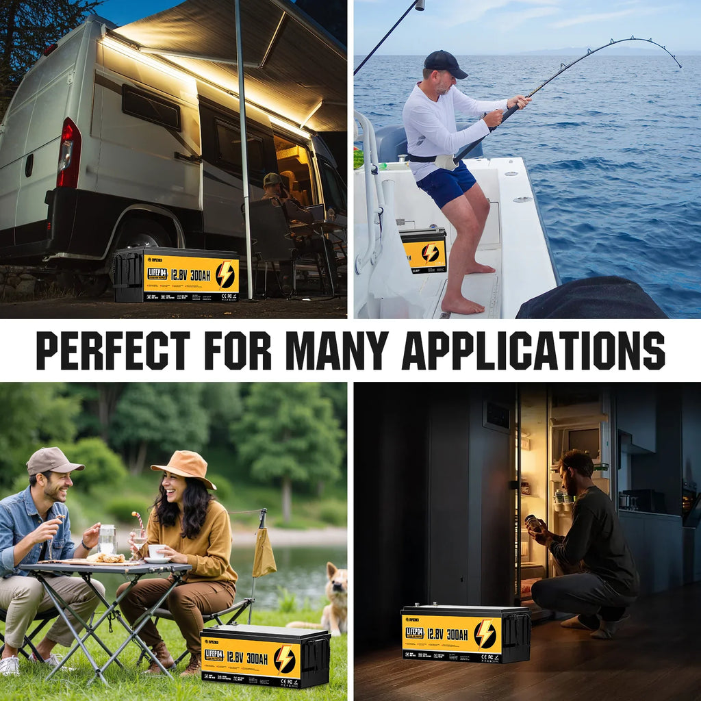 Versatile usage examples of 12.8V 300Ah lithium battery in RVs, marine vessels, camping, and off-grid home setups.