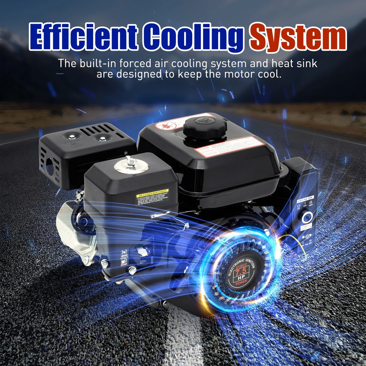 7.5HP 4-stroke 212cc black gasoline engine with cooling system text overlay
