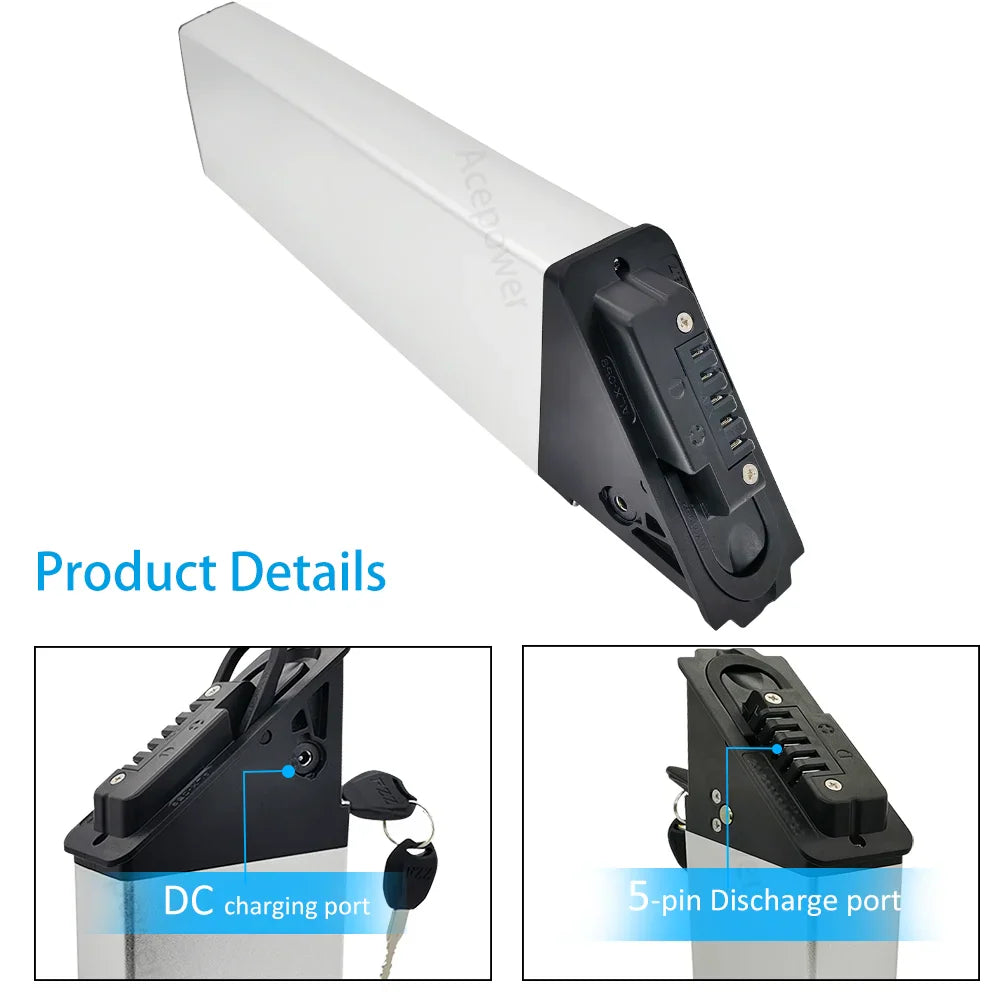 Technical details of electric bike battery including charging port and five-pin discharge socket