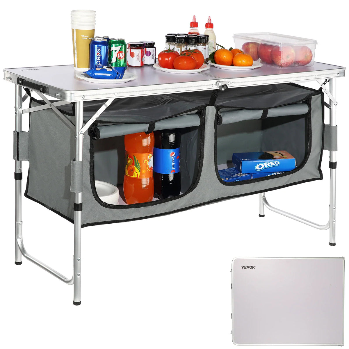 Folding aluminum camping table with under-table storage compartments and food items on top
