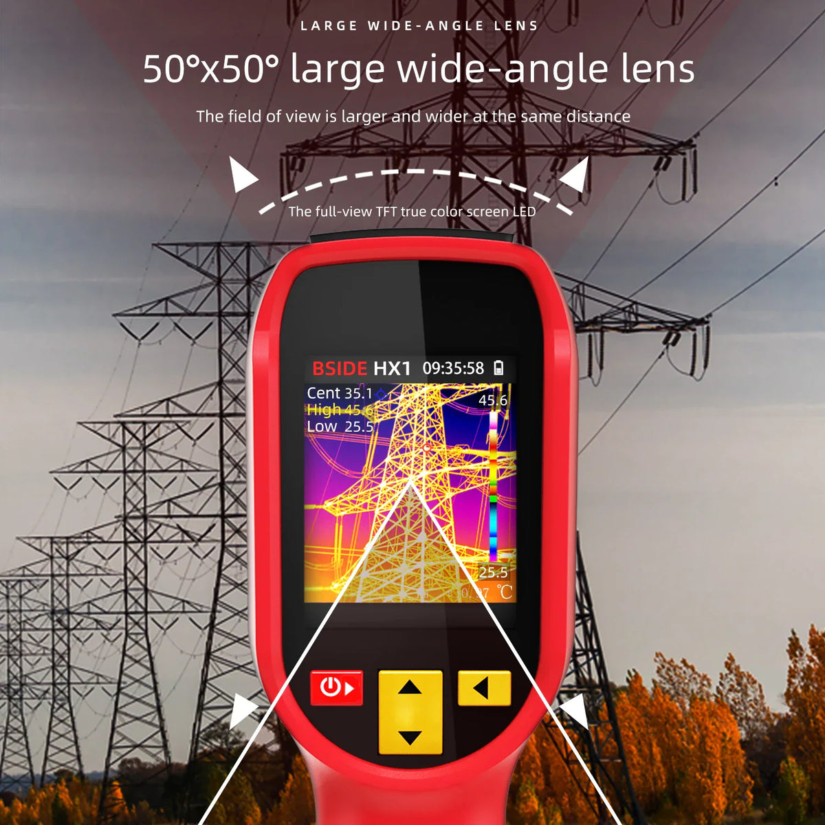 Handheld thermal imager pointed at high voltage electrical towers to show wide-angle field of view detection.