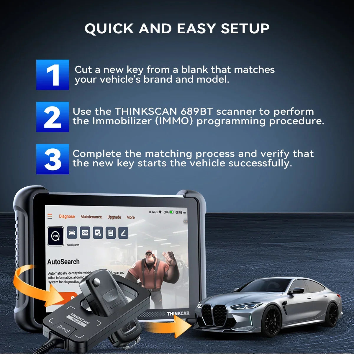 Automotive diagnostic tablet displaying a three-step key programming guide for vehicles