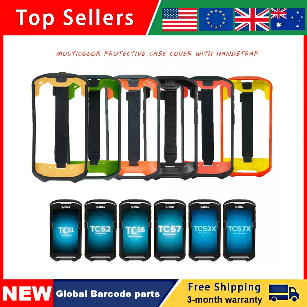 Rugged protective cases with handstraps for handheld barcode scanners in various colors