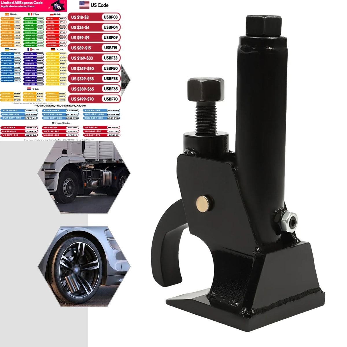 Manual tire bead breaker tool with illustrative inserts showing use on truck and car tires