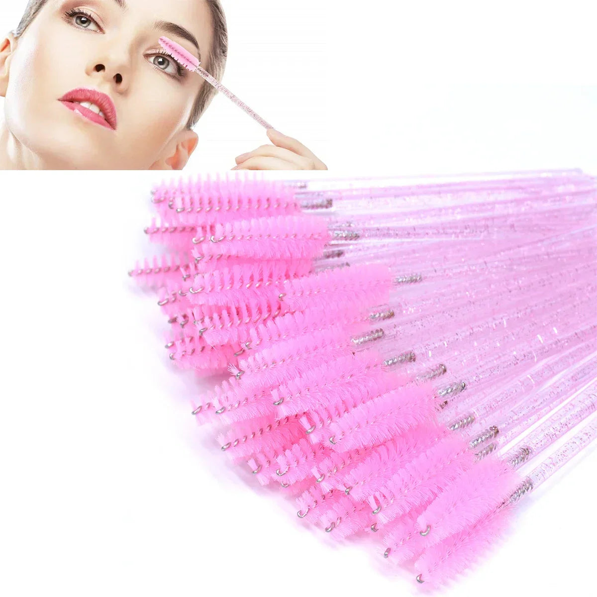 A woman using a disposable pink eyelash spoolie wand.