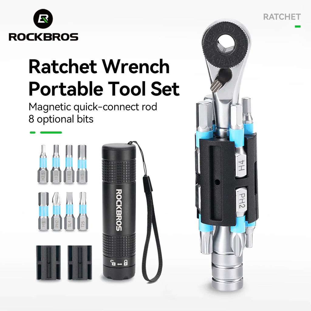 Portable bicycle ratchet wrench tool set with 8 interchangeable bits and storage case