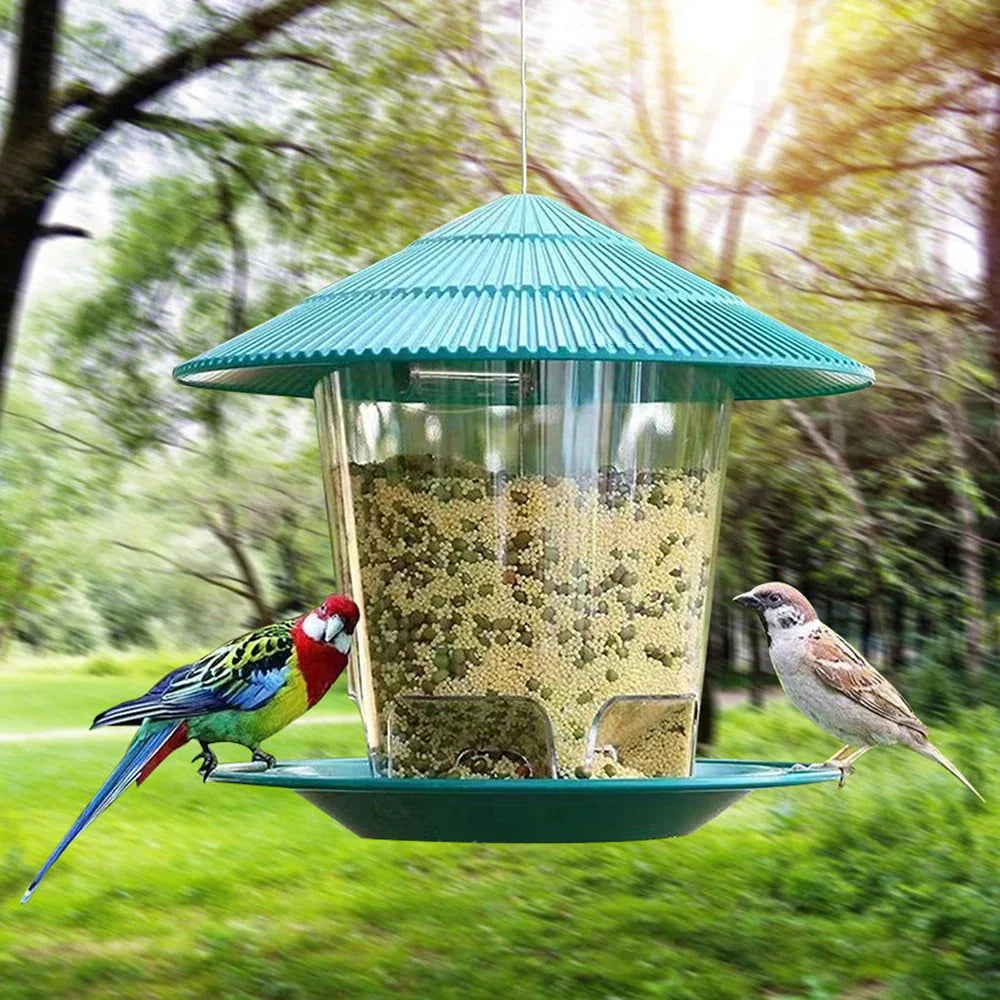 Hanging gazebo bird feeder in turquoise with mixed seeds and perched birds