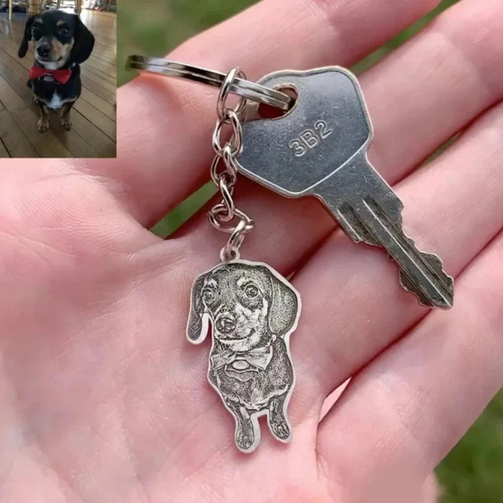 Custom engraved dog portrait keychain pendant with bowtie