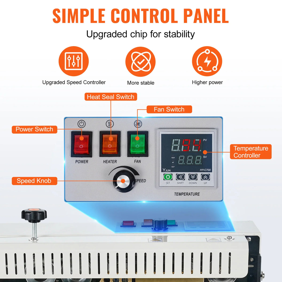 Close up of the horizontal bag sealer control panel with power, heat, fan switches, and speed and temperature knobs.