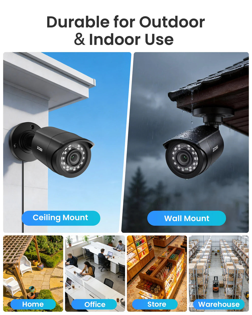 Black security cameras shown in various installation locations including home, office, store, and warehouse settings.