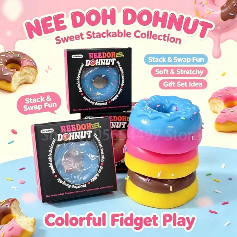 Stackable doughnut shaped sensory fidget toys in blue, pink, yellow and chocolate brown colors.