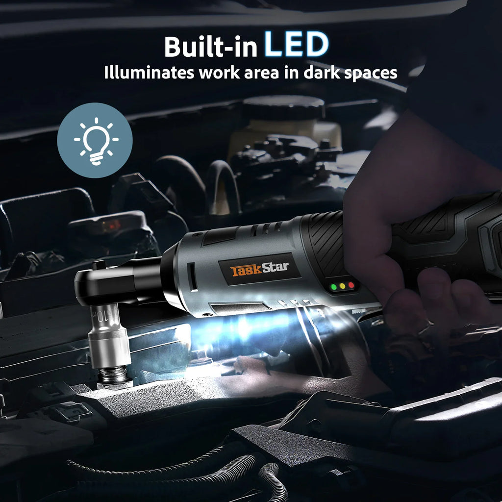 Cordless electric ratchet wrench with built-in LED work light for illuminating dark spaces