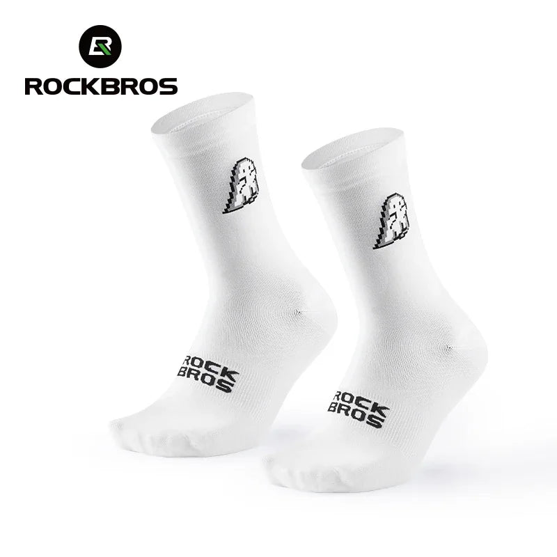 White athletic socks with a small pixel ghost graphic