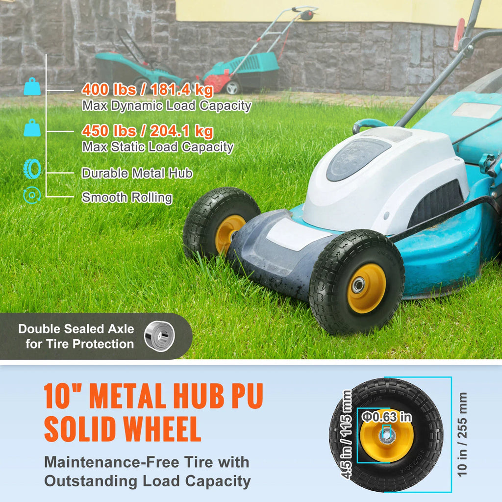 A solid PU wheel on a lawn mower with infographic overlays showing dimensions and load capacity