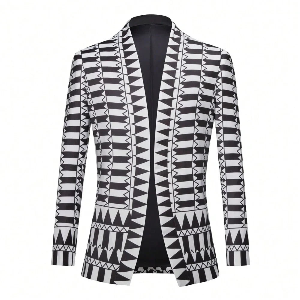 A front view of a black and white geometric print blazer with a black shawl lapel.