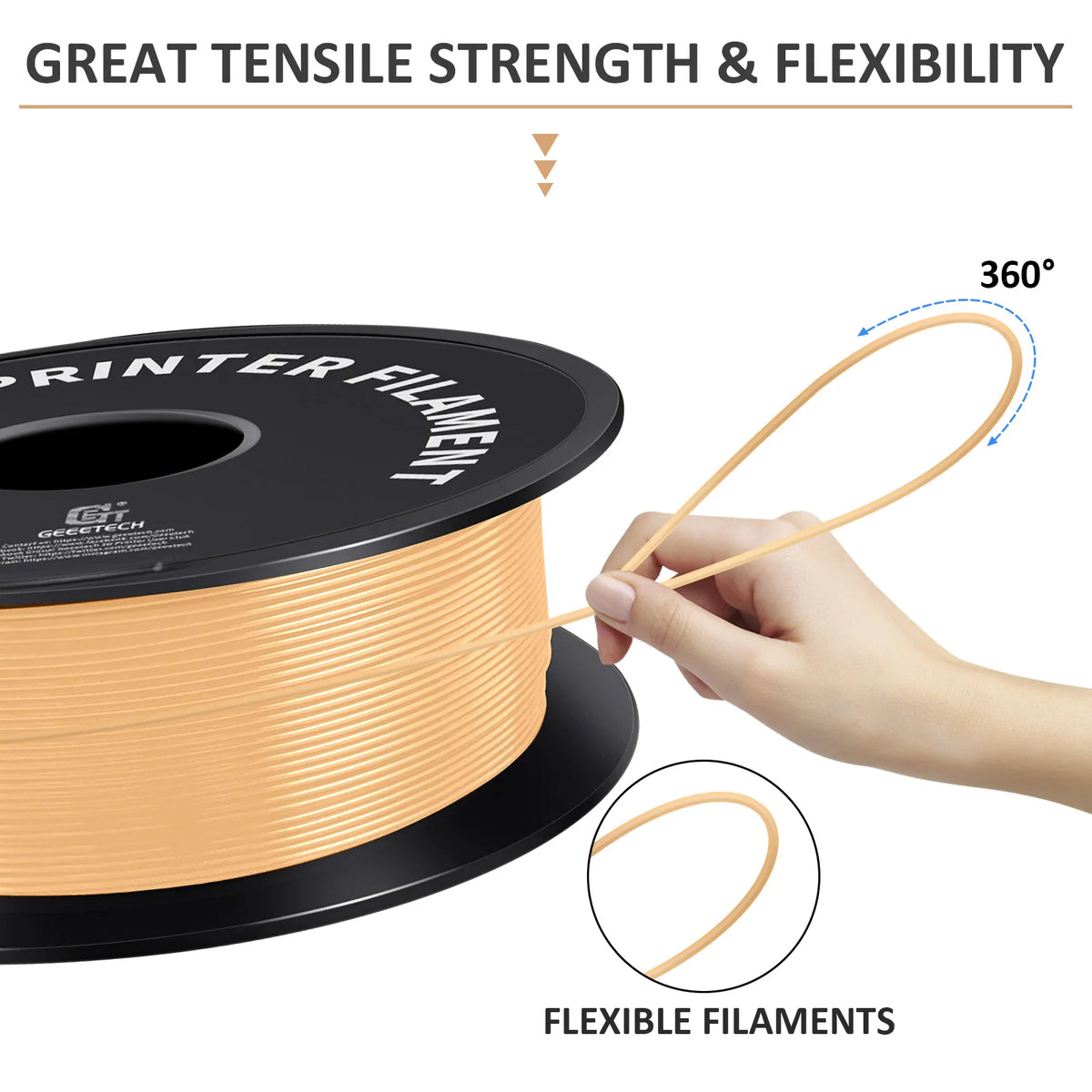 A spool of 3D printer filament being held to demonstrate flexibility and tensile strength