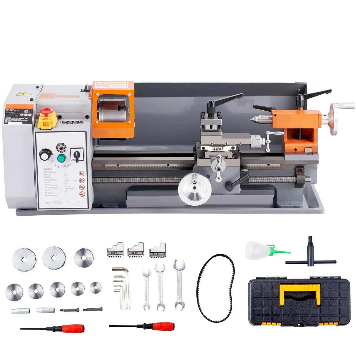 Benchtop metal lathe machine with accessories and tool box