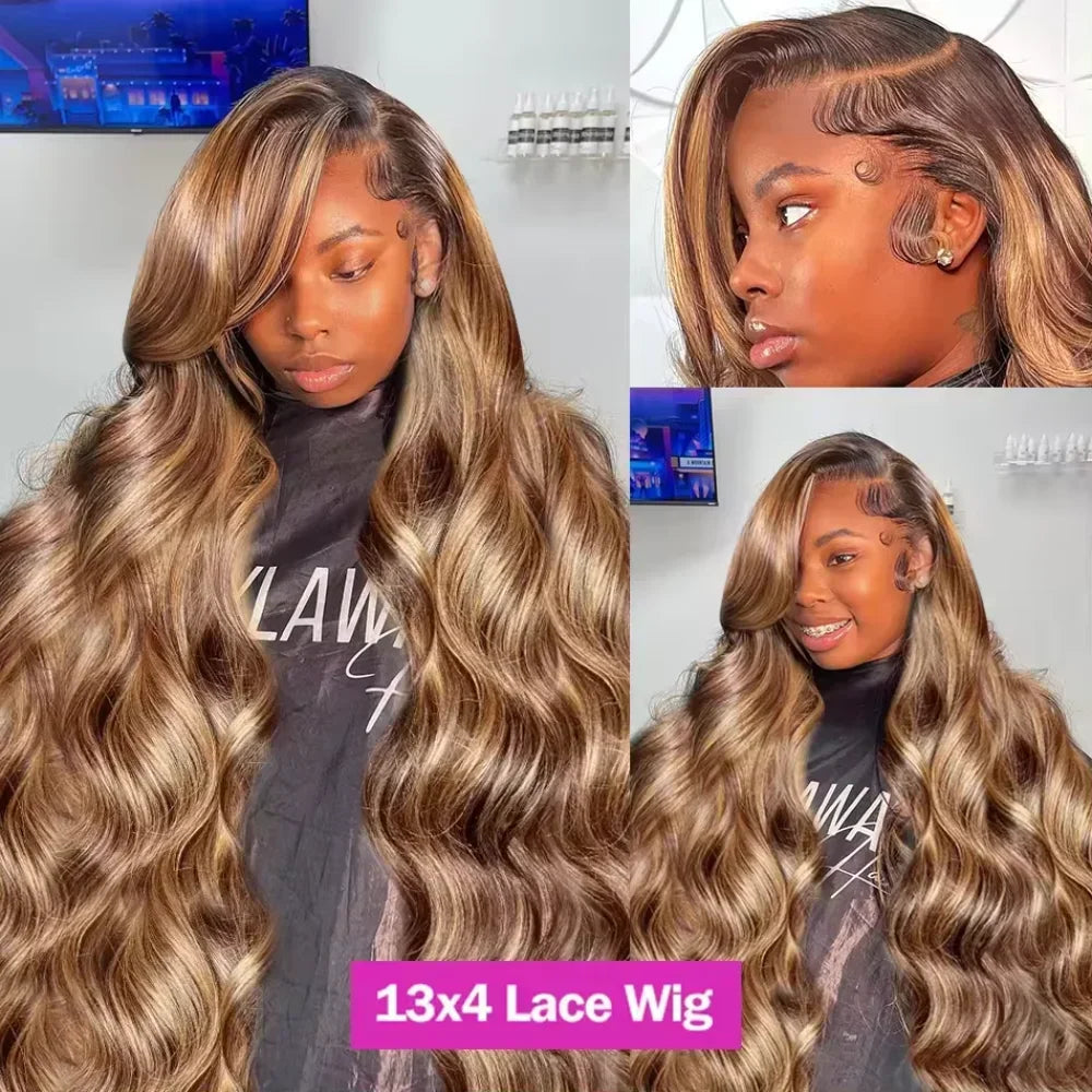 Long brown and blonde highlighted body wave human hair lace front wig on a woman