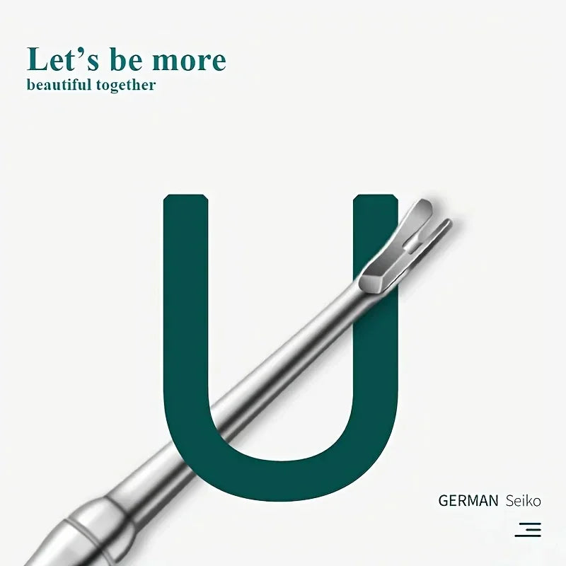 Cuticle pusher tool positioned over a letter U shape for product advertisement