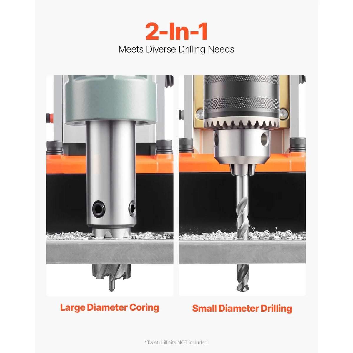 Magnetic drilling machine performing large diameter coring and small diameter drilling.