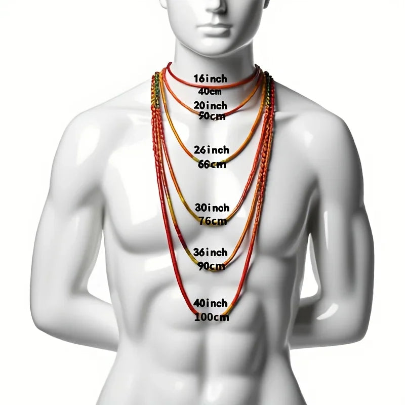 Mannequin torso showing various necklace chain lengths in inches and centimeters